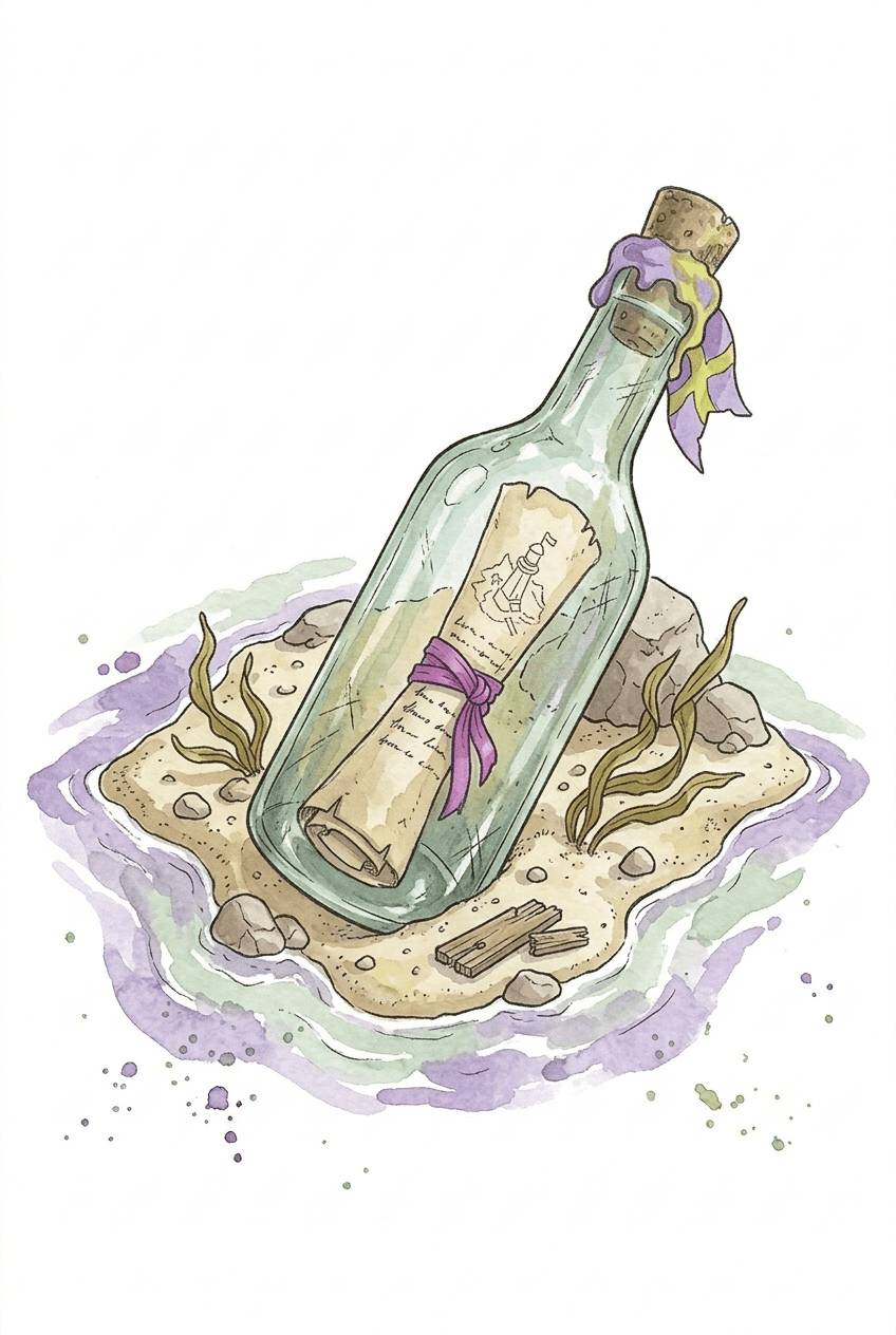 Grafika, która przedstawia list w butelce, który jest odpowiednikiem newslettera.