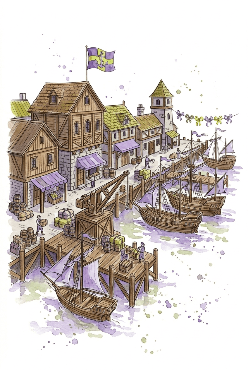 Grafika, która przedstawia port handlowy, w którym tętni życie. Widzimy kilka budynków, żurawia, towary oraz ludzi. W porcie stoją statki. To symbolizuje media społecznościowe, które mogą być jednym z kanałów promocji Twojej marki.