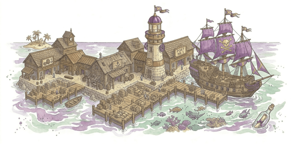 Promocja marki. Na rysunku znajduje się port handlowy, który symbolizuje media społecznościowe. W porcie znajduje się latarnia morska, która jest odpowiednikiem bloga firmowego. W oceanie pływa list w butelce, czyli newsletter. W tle widać prywatną wyspę z palmami, która symbolizuje stronę internetową. Nie mogło zabraknąć statku pirackiego, który stoi w porcie. To twój biznes.